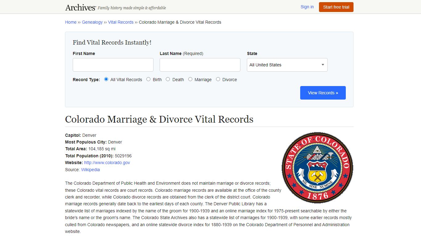 Colorado Marriage & Divorce Vital Records - Archives.com